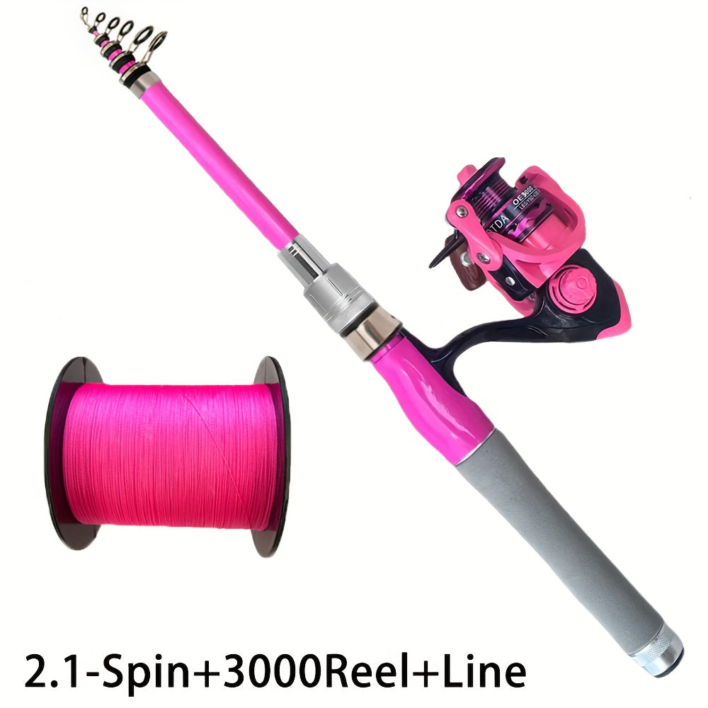 Conjunto de vara de pesca giratória rosa 1,5m /1,8m/2,1m ou 2,4 metros, equipado com carretel de pesca rosa 2000, 3000 e 4000, linha de pesca - , muito adequado para iniciantes na pesca, usado em pesca de água doce ou salgada.