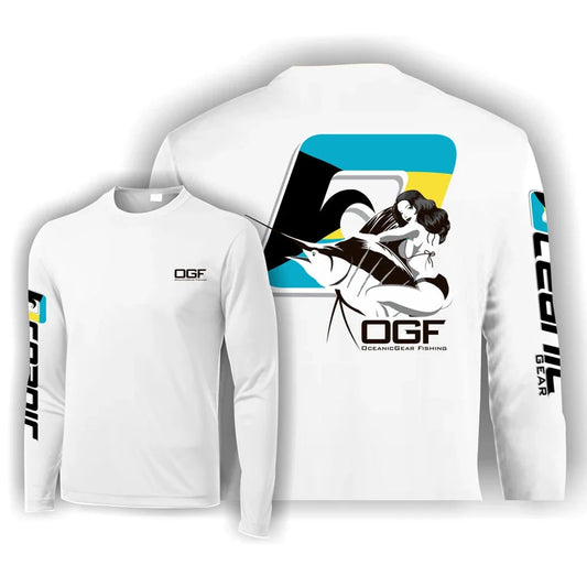 Camiseta de pesca masculina com gola redonda, estampa, manga longa e proteção UV.