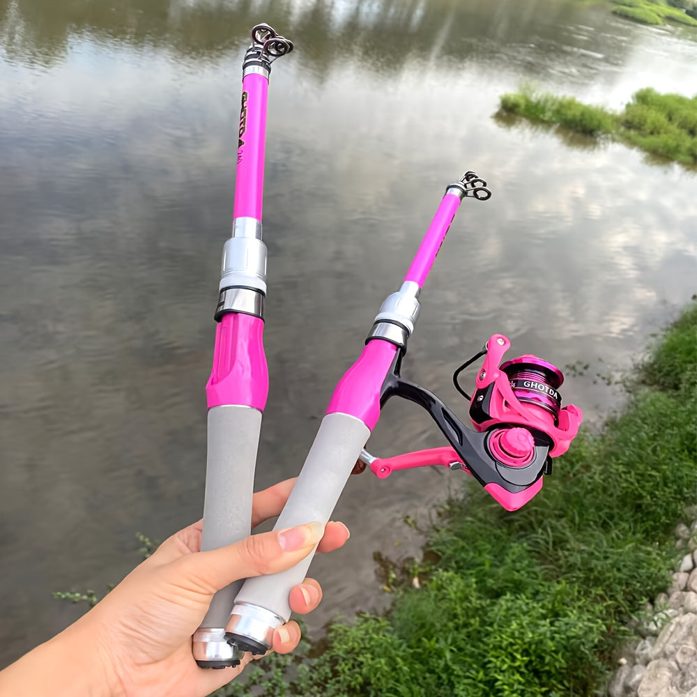Conjunto de vara de pesca giratória rosa  1,5m /1,8m/2,1m ou 2,4 metros, equipado com carretel de pesca rosa 2000, 3000 e 4000, linha de pesca - , muito adequado para iniciantes na pesca, usado em pesca de água doce ou salgada.