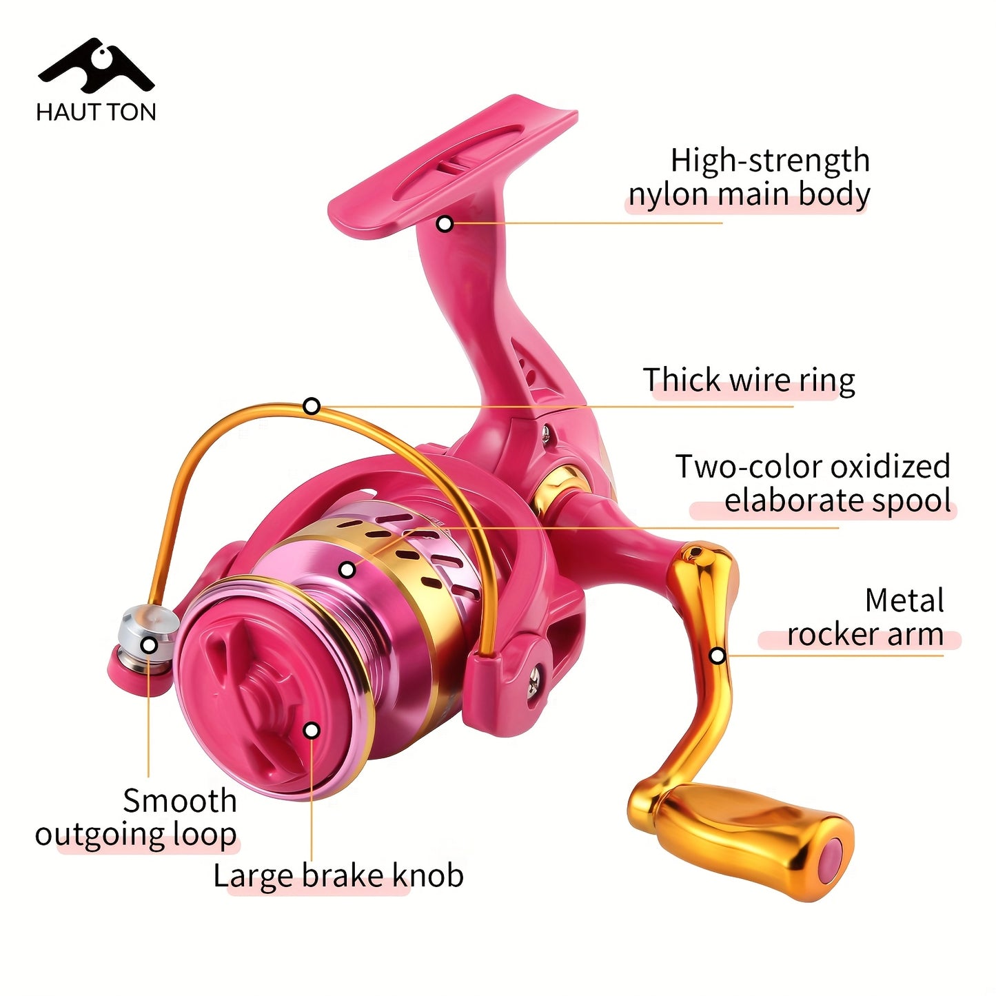 Carretilha de pesca  - Ação rápida, sistema de fricção suave, carretel de alumínio leve, rosa - para água doce/salgada
