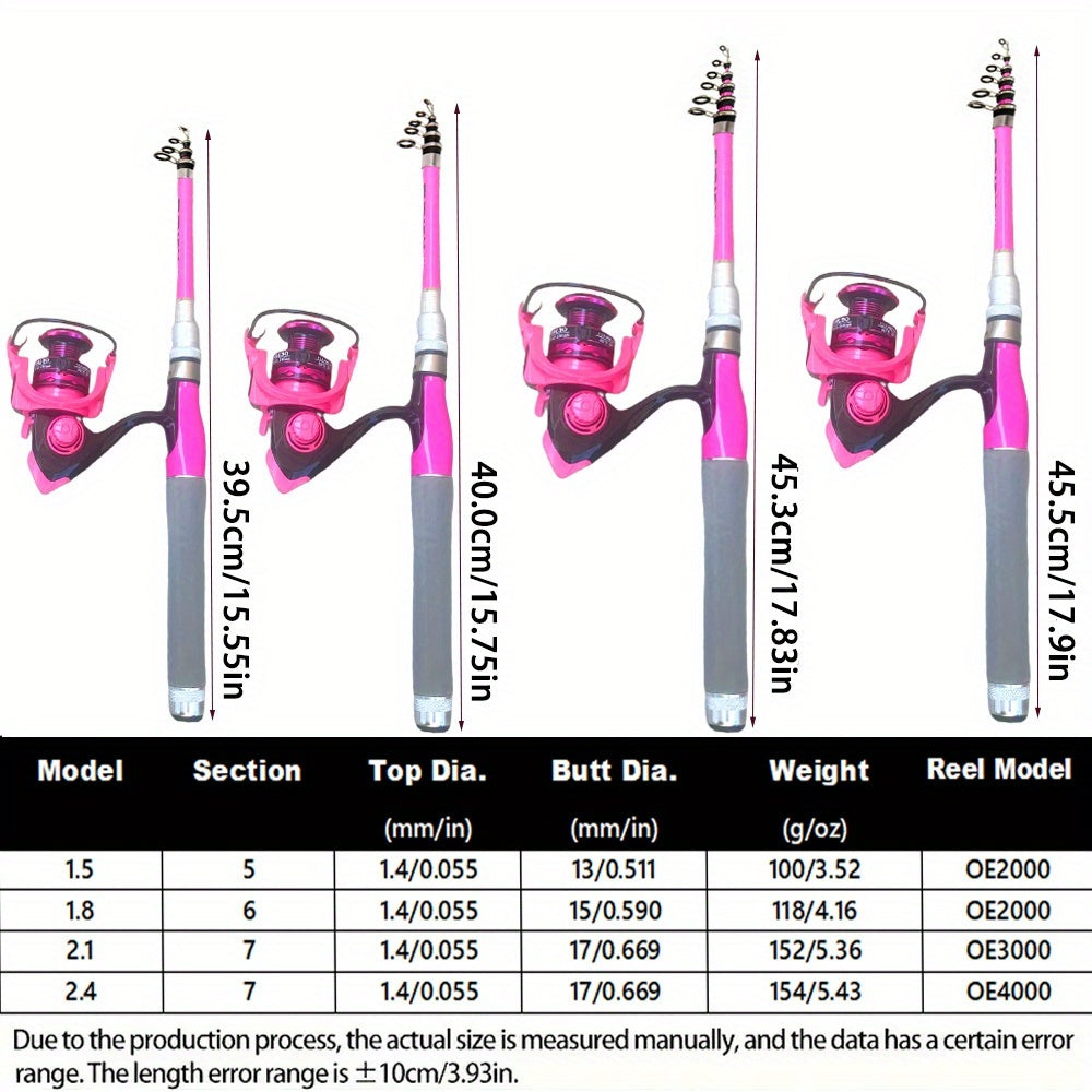 Conjunto de vara de pesca giratória rosa  1,5m /1,8m/2,1m ou 2,4 metros, equipado com carretel de pesca rosa 2000, 3000 e 4000, linha de pesca - , muito adequado para iniciantes na pesca, usado em pesca de água doce ou salgada.