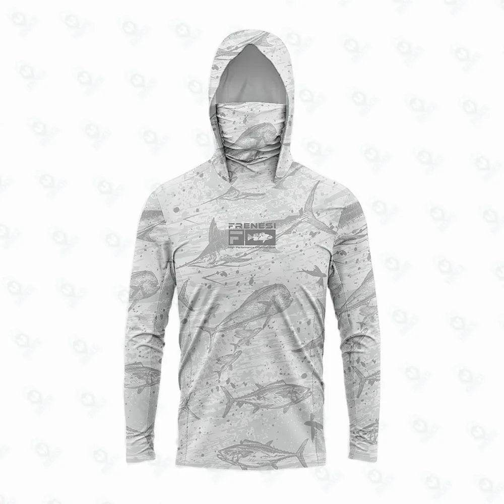 Camisas de pesca masculinas com capuz e proteção solar e máscara. Roupa de pesca completa, roupa de pesca, caça, acampamento, pesca, camiseta com proteção solar 50+