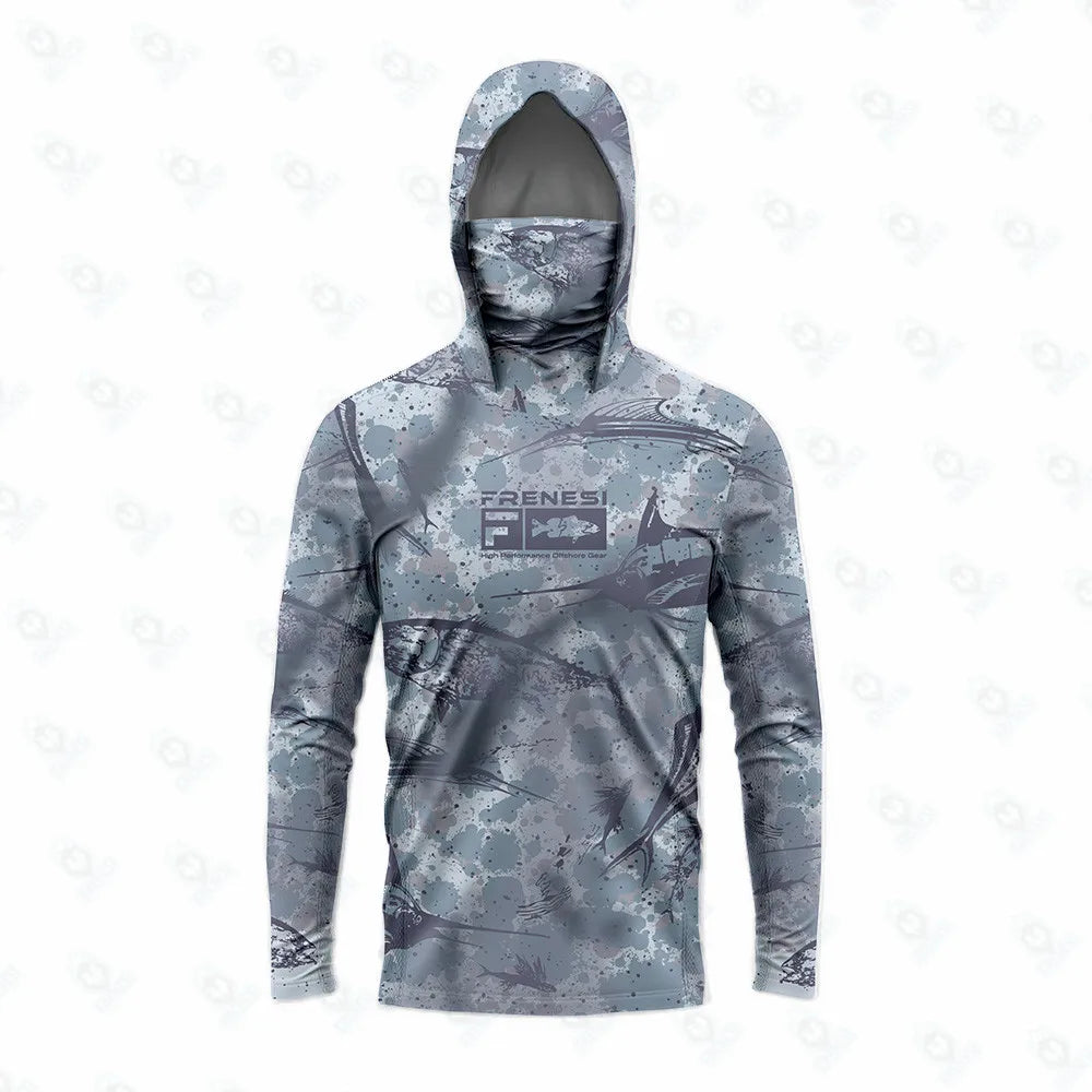 Camisas de pesca masculinas com capuz e proteção solar e máscara. Roupa de pesca completa, roupa de pesca, caça, acampamento, pesca, camiseta com proteção solar 50+