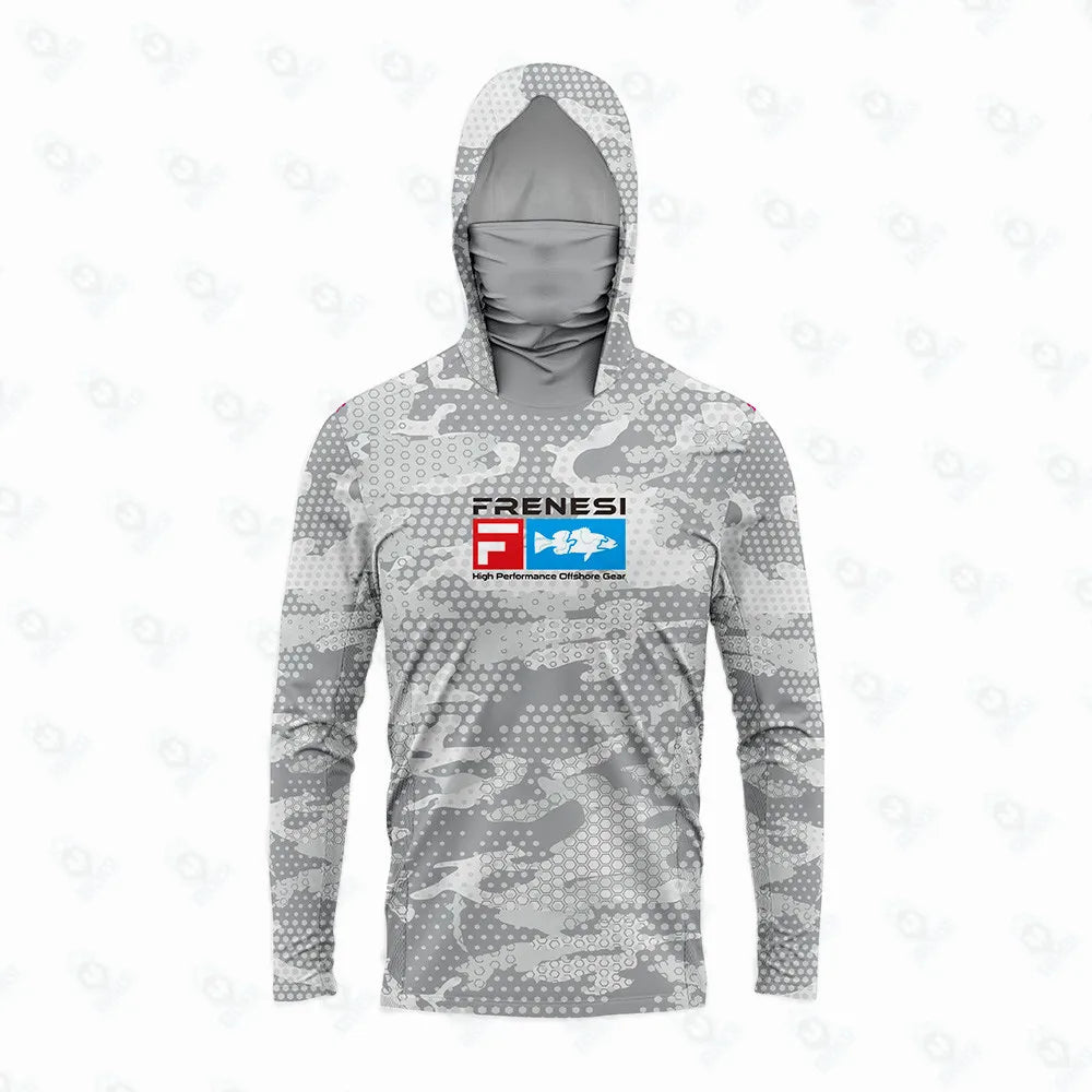 Camisas de pesca masculinas com capuz e proteção solar e máscara. Roupa de pesca completa, roupa de pesca, caça, acampamento, pesca, camiseta com proteção solar 50+
