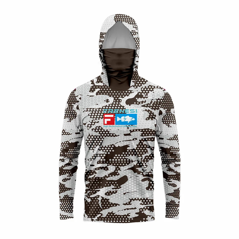 Camisas de pesca masculinas com capuz e proteção solar e máscara. Roupa de pesca completa, roupa de pesca, caça, acampamento, pesca, camiseta com proteção solar 50+