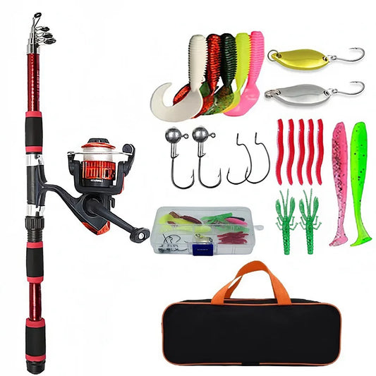 Conjunto completo de vara de pesca com vara telescópica, molinete, iscas e anzóis. Ideal para viagens.