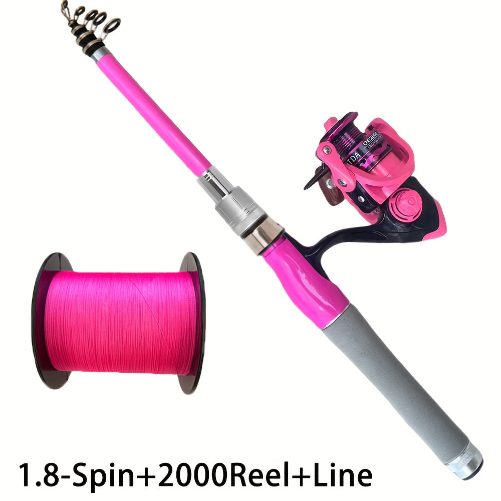 Conjunto de vara de pesca giratória rosa  1,5m /1,8m/2,1m ou 2,4 metros, equipado com carretel de pesca rosa 2000, 3000 e 4000, linha de pesca - , muito adequado para iniciantes na pesca, usado em pesca de água doce ou salgada.