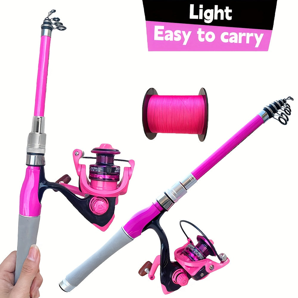 Conjunto de vara de pesca giratória rosa  1,5m /1,8m/2,1m ou 2,4 metros, equipado com carretel de pesca rosa 2000, 3000 e 4000, linha de pesca - , muito adequado para iniciantes na pesca, usado em pesca de água doce ou salgada.